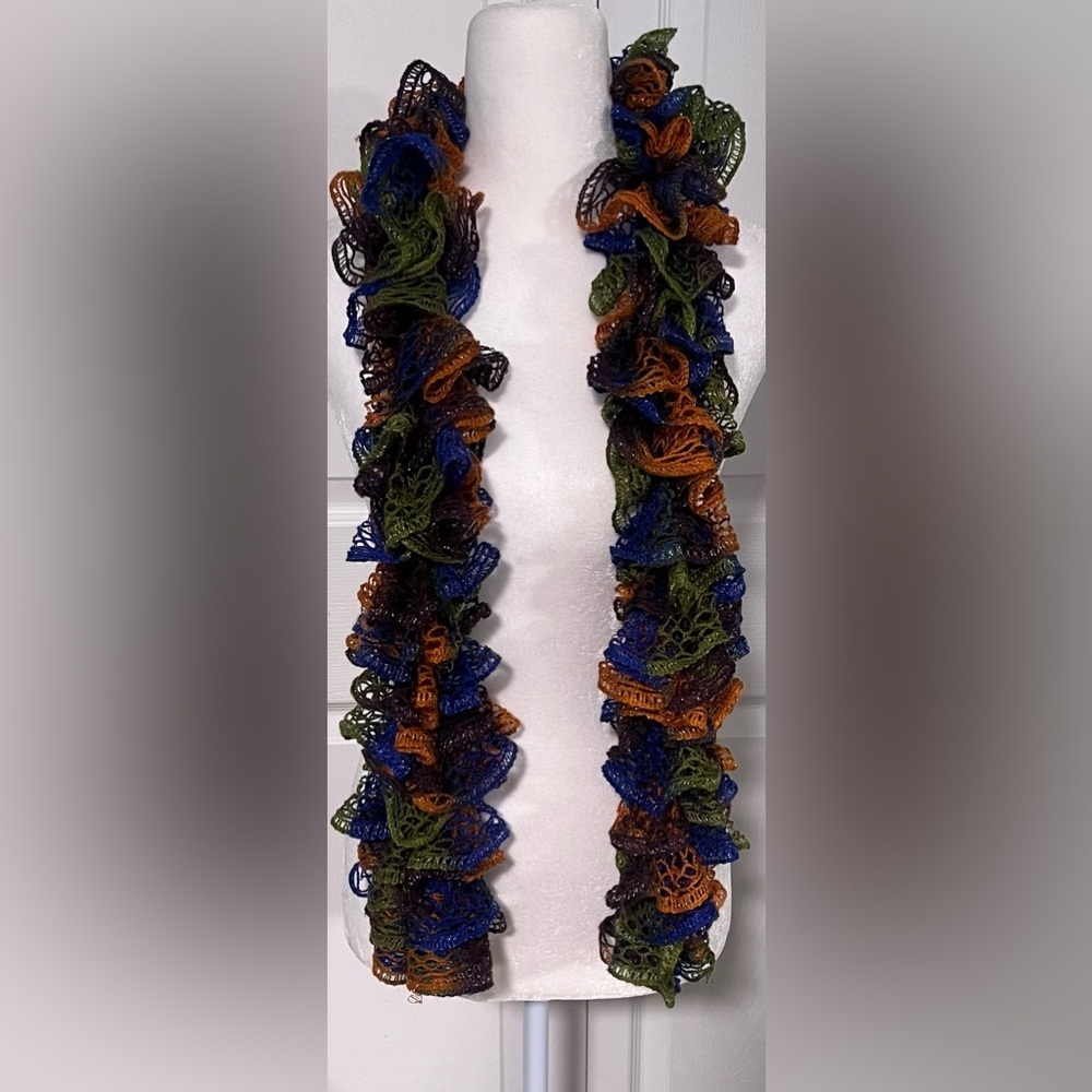 Handmade Ruffle Scarf in Blue, Green & Brown